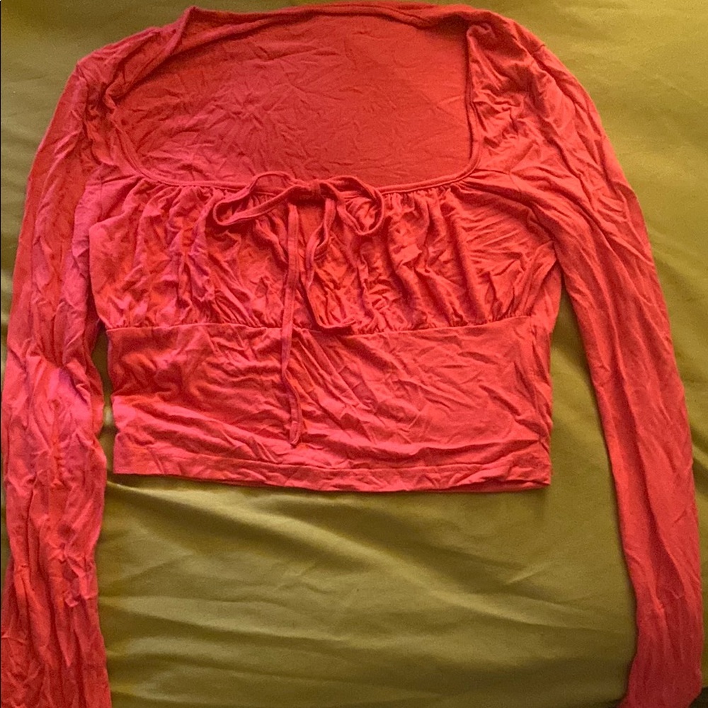 SHEIN Orange Pink Ruched Tie Front Crop Blouse